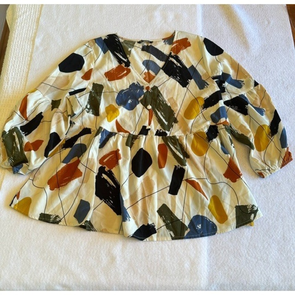 BloomChic Peplum Blouse Abstract Women Multicolor Size 12 V Neck Balloon Sleeve